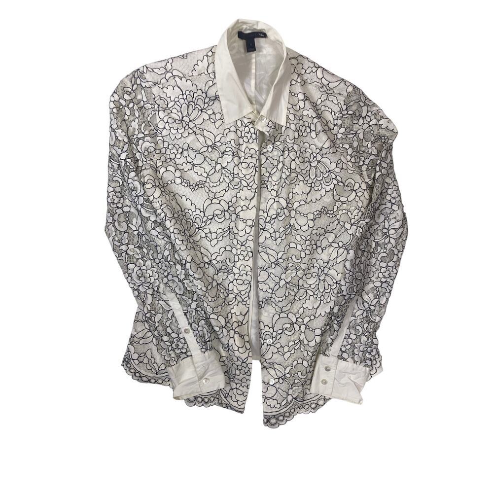 J Crew Lace Button Down Shirt Size 2 Collared Blouse White Black Long Sleeve
